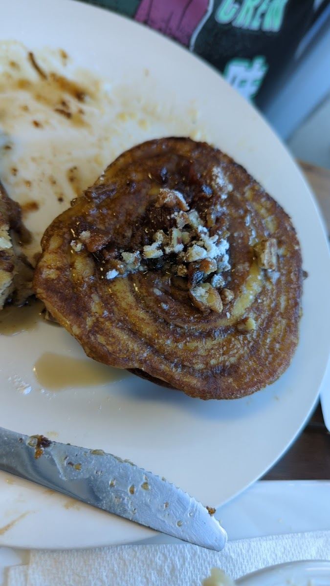 Cinnamon roll French toast with caramel and pecans