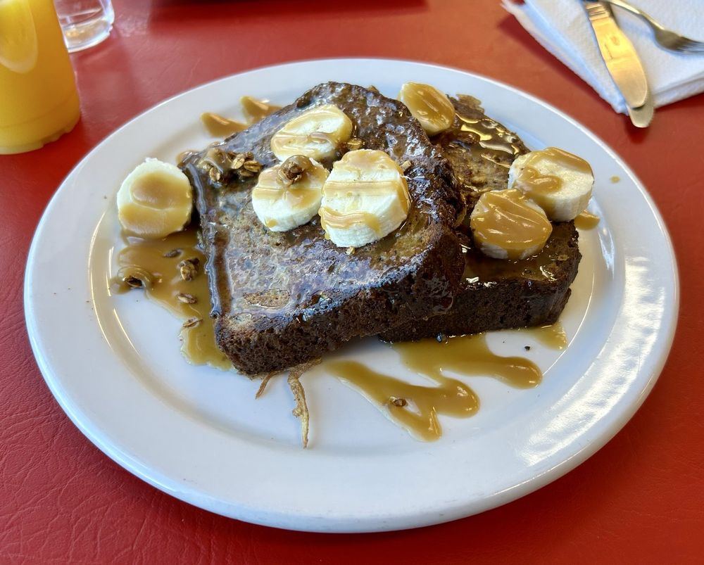 Banana bread French toast with caramel and banana